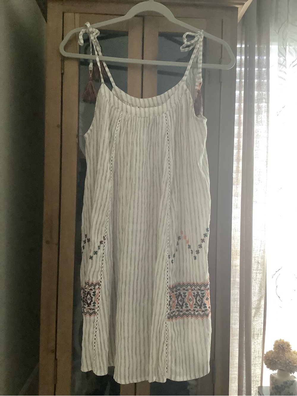 blue island White Metallic Striped Embroidered Tie-Shoulder Mini Dress